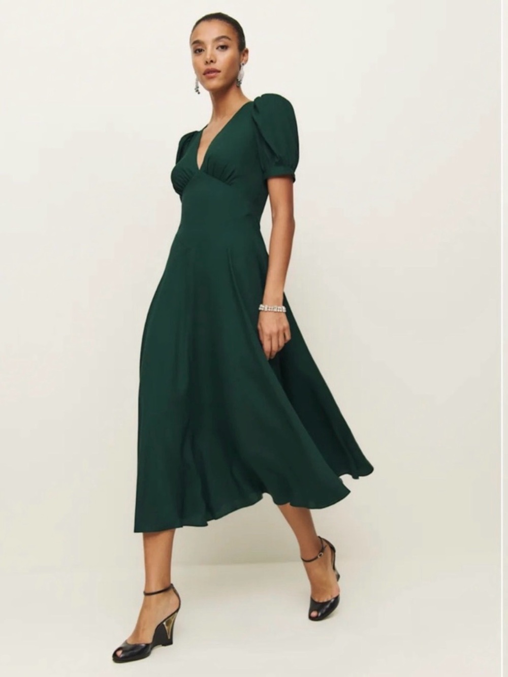 NWT Reformation Naira Dress Forest Green Size 4 Puff Sleeve Midi Dress